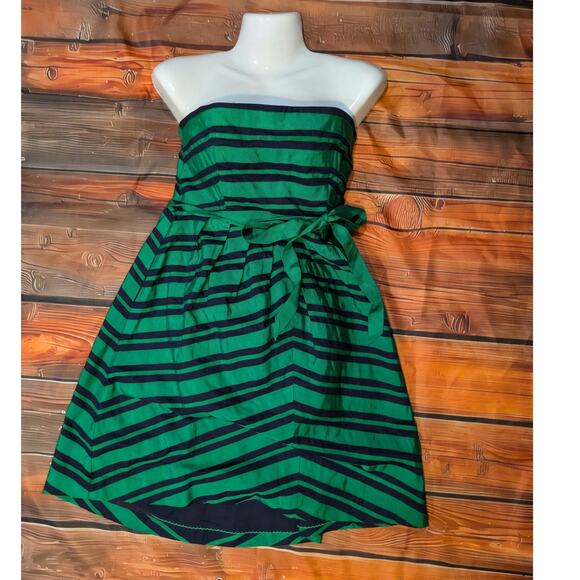 MOULINETTE SOEURS ANTHROPOLOGIE Dress Green Blue Striped Strapless Size 2 - Picture 1 of 6
